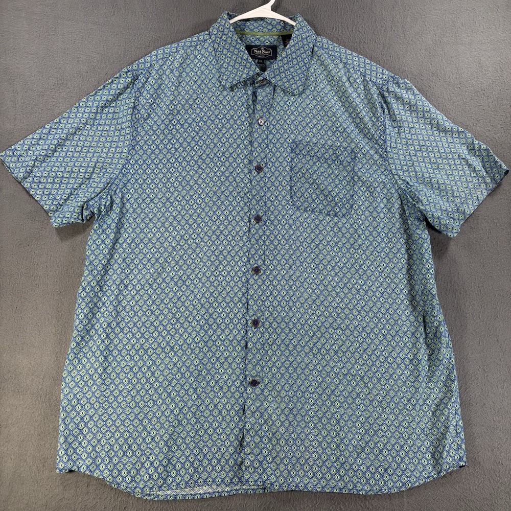 Nat Nast Luxury Originals Silk Camp Shirt XL Blue Green Geometric Short Sleeve